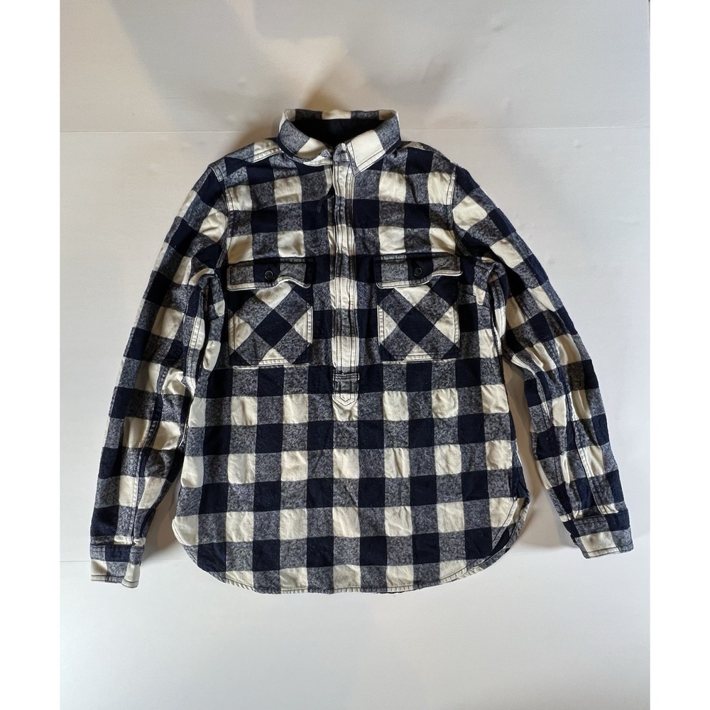 J Crew Women's 1/2 Zip Buffalo Plaid Blue and White Flannel Shirt Cotton XSmall